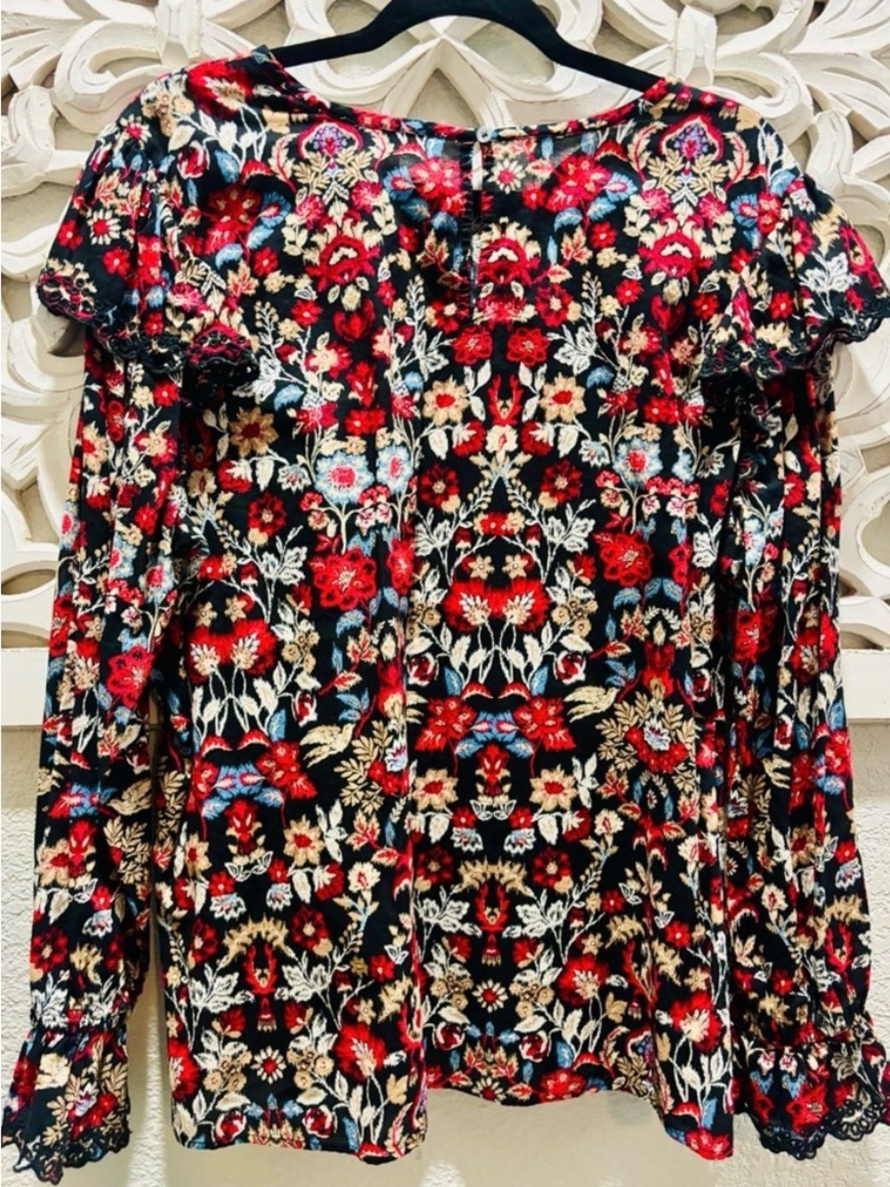 LOFT Black Floral Ruffle Eyelet Long Sleeve Blouse - Picture 7 of 9